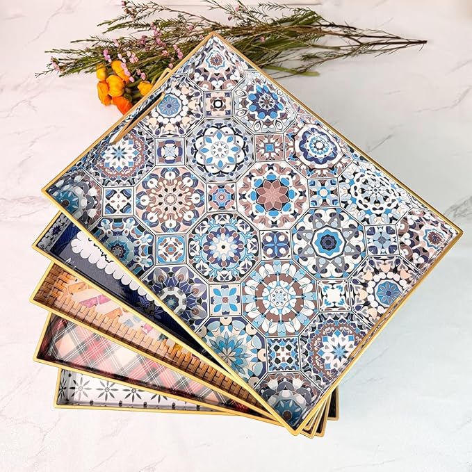 Boho Coffee Table Tray, Decorative Serving Tray with Handles, Large Tray for Ottoman,Coffee Table，Living Room Modern, Blue，