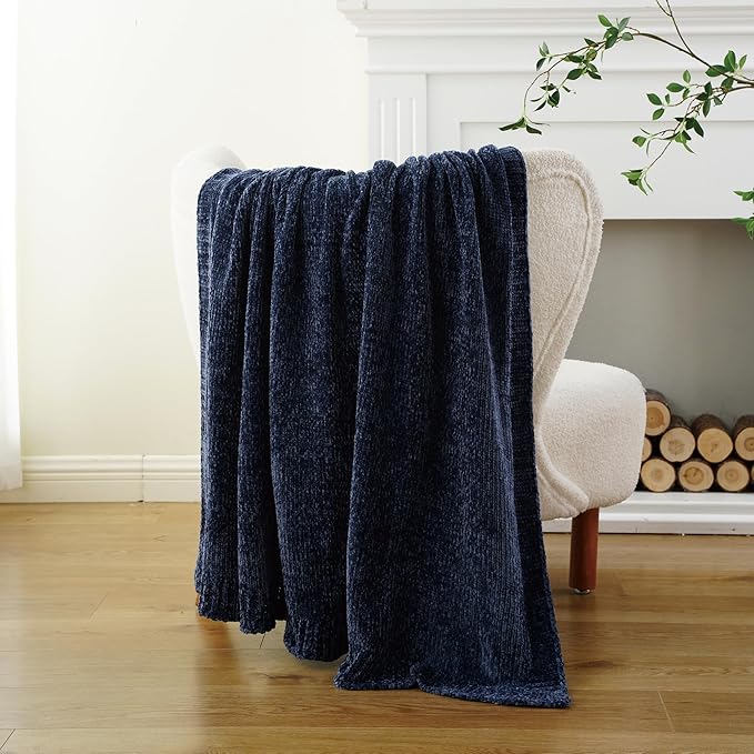 BATTILO HOME Navy Throw Blanket for Couch, Dark Blue Throw Blankets for Sofa, Chair, Living Room, Chenille Knit Throw Blankets for Bed Living Room Home Decor, 51"x67"