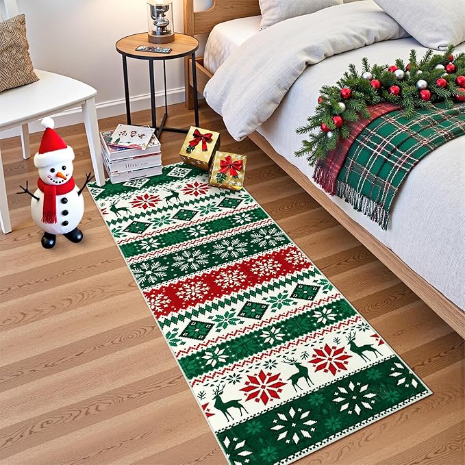 Hallway Runner Rug 2x6 Washable Christmas Runner Indoor Non-Slip Xmas Decorative Throw Floor Covers Boho Accent Festival Xmas Rug Farmhouse Rug Geometric Carpet for Living Room Bedroom, Green