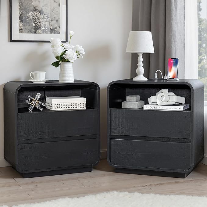 Black Nightstand Set of 2 with Charging Station, 25" Tall Wood Bedside Table, Modern End Table with 2 Storage Drawers, Curved Profile, Handleless, Mid Century Night Stand for Bedroom