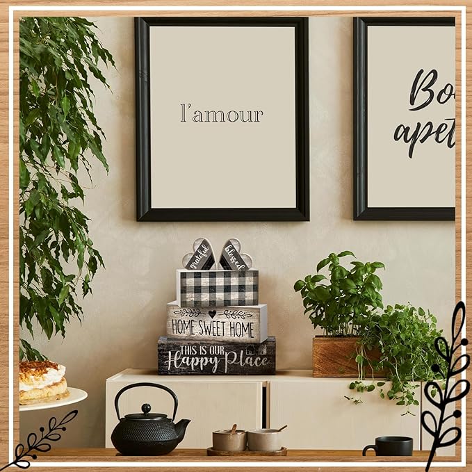 4 Pcs Farmhouse Kitchen Decor Black and White Farmhouse Tiered Tray Decor Home Sweet Home Centerpiece Wooden Heart Rustic Decorative Block Sign for Table Kitchen Shelf Desk Decoration