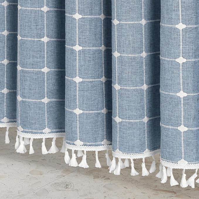 MitoVilla Blue Boho Shower Curtains for Modern Farmhouse Bathroom Decor, Vintage Country Thick Polyester Linen Fabric Shower Curtain, Rustic Tassel Cloth Shower Curtain, 72 x 72