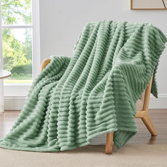 BEDELITE Twin Blanket for Couch & Bed, 300GSM Soft & Warm Fleece Blanket, Decorative and Giftable Striped Sage Green Blankets for Women, Men, 60"x80"