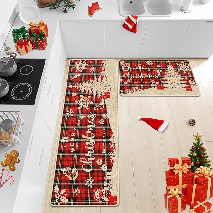 Christmas Red Buffalo Plaid Kitchen Rugs and Mats Non Skid Washable Set of 2, Tree Snowflake Xmas Kitchen Mats for Floor Decor