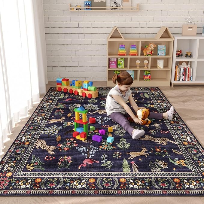 Rugcomf Living Room Rug 5x7 Rug Machine Washable Boho Area Rug Non Slip Floral Animal Vintage Low Pile Large Rugs for Living Room, Bedroom, Farmhouse, Dining Room, Kids Playroom (Blue)