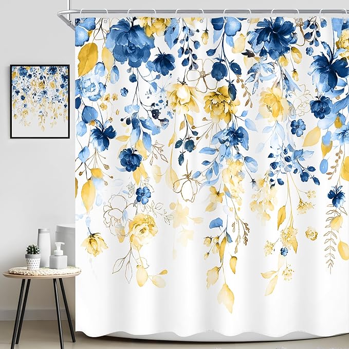 Blue and Yellow Floral Shower Curtain 72Wx72L Inch Watercolor Flower Eucalyptus Leaf Plant Gold Pastel Botanical Wildflower Bathroom Set Pretty Girls Bath Curtain Bathtub Accessories Home Decor