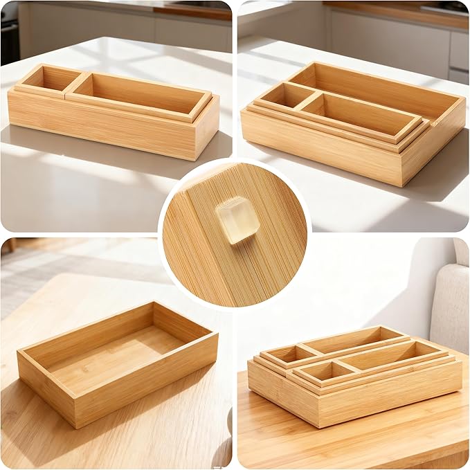 Bamboo Drawer Organizer Set, 14 PCS Multi-Use Individual Wood Storage Organizers, Junk Drawer Divider and Storage Trays Containers for Kitchen, Bathroom, Office Desk, Makeup, Jewelry, Utensils
