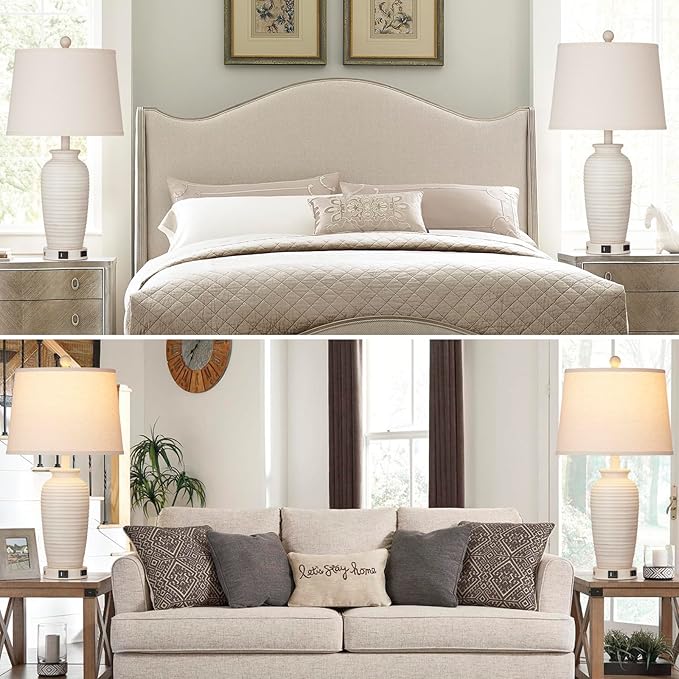 24.3" Farmhouse Jar Table Lamps Set of 2, 3 Way Touch Control Rustic Bedside Lamps with USB A+C Ports & AC Outlet, Pot Nightstand Lamps for Bedroom Living Room (LED Bulbs Included)