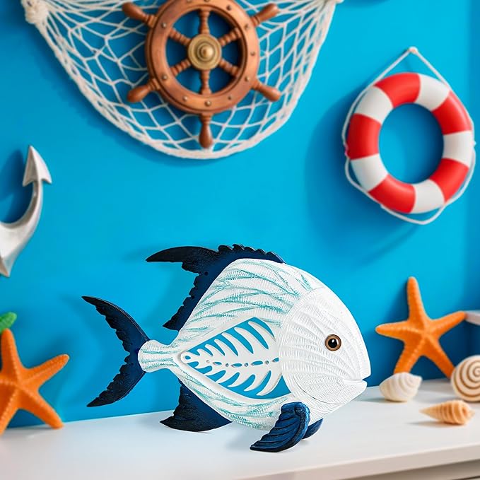 Leekung Coastal Fish Figurines for Home Decor,Resin Fish Statue for Beach Decoration,Sea Beach Coastal Decorations Themed,Table Desk Shelf Decor Statue for Bathroom Bedroom Office,Modern Decor Gifts