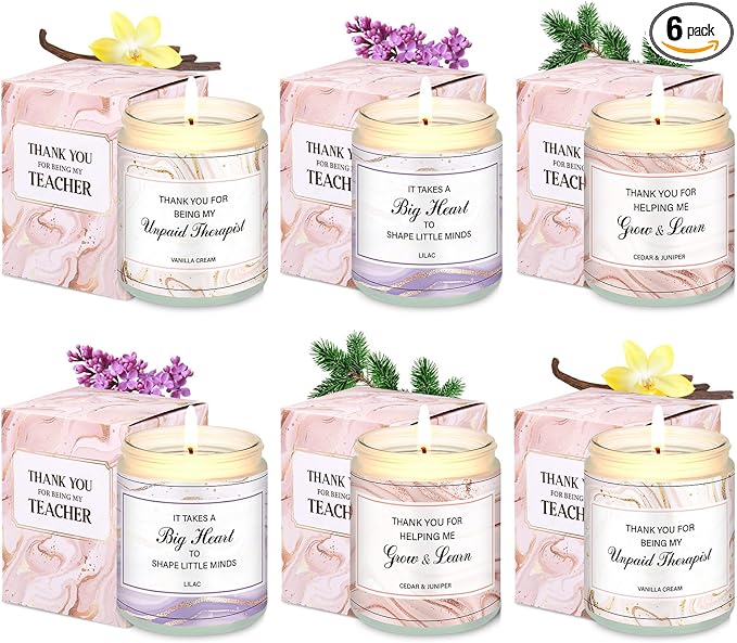 6 Pack Christmas Teacher Appreciation Gifts Scented Candles Bulk Large 7 oz Soy Wax Thank You Teacher's Day Graduation Retirement Gifts Jar Candles Set Bundle Long-Lasting Scents for Women