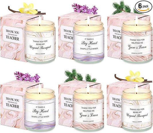 6 Pack Christmas Teacher Appreciation Gifts Scented Candles Bulk Large 7 oz Soy Wax Thank You Teacher's Day Graduation Retirement Gifts Jar Candles Set Bundle Long-Lasting Scents for Women