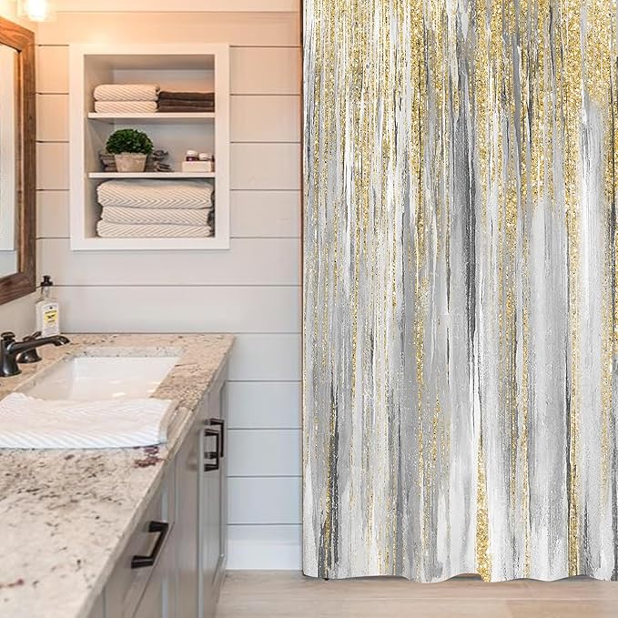 JAWO Abstract Shower Curtain, Modern Aesthetic Stripe Shower Curtain Set 36 X 72 Inches with 12 Hooks for Bathtub Bathroom Gray Purple Contemporary Abstract Painting Fabric