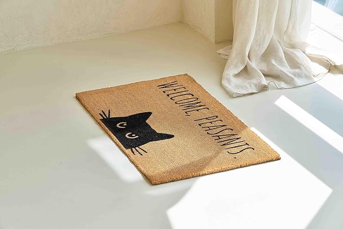 KANKUN Coco Coir Door Mat with Heavy Duty Backing, Welcome Doormat (17" x 30"), Doormat Entrance (Welcome Cat)