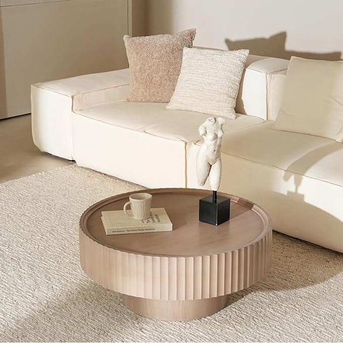 Round Coffee Table, Modern Living Room Tables with Mushroom Shape and Grooved Design, Large Coffee Tables, Circle Pinewood Center Table for Living Room, Apartment (Gray, 31.8''L×13.7''H)