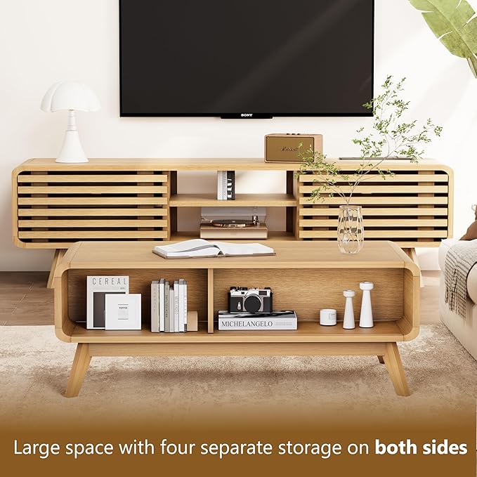 Coffee Table with Storage, Mid Century Modern Wooden Living Room Center Table, Furniture Farmhouse Wooden Coffee Table for Living Room, Oak