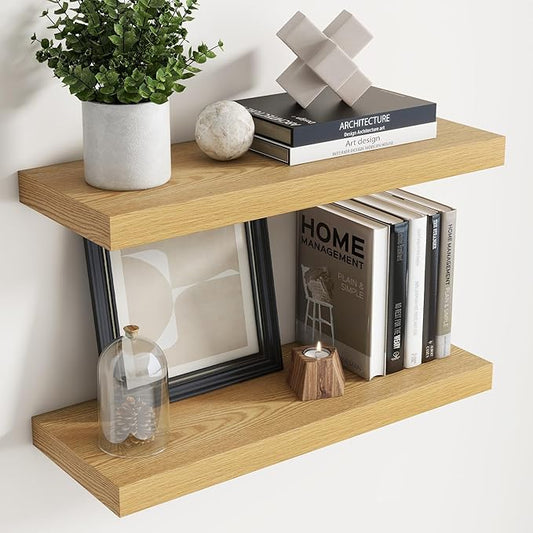 Floating Shelves for Wall with Invisible Brackets, Wall Mounted Engineered Wood Shelves with Wood Grain for Living Room, Bedroom, Bathroom, Kitchen Decor and Storage, Oak, 24"L Set of 2, Oak