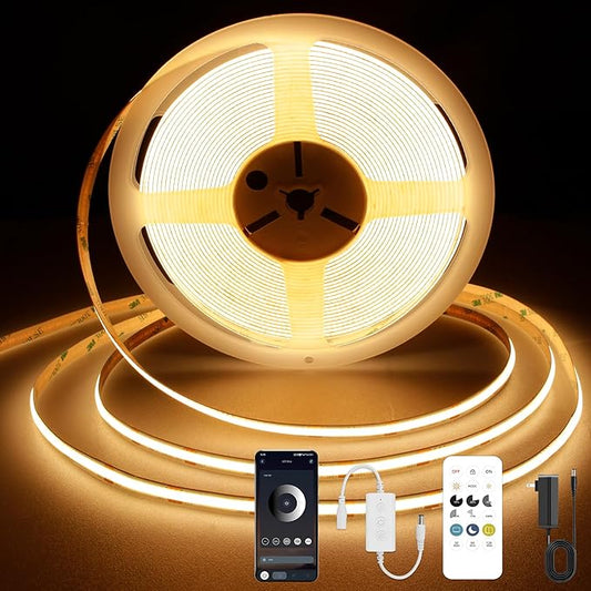 COB LED Strip Light 2700K, 24ft Dimmable Warm White LED Strip Light, CRI92+, DC24V Tape Light with RF Remote Timer Function, Bluetooth App Control for Home Bedroom Kitchen DIY Lighting.