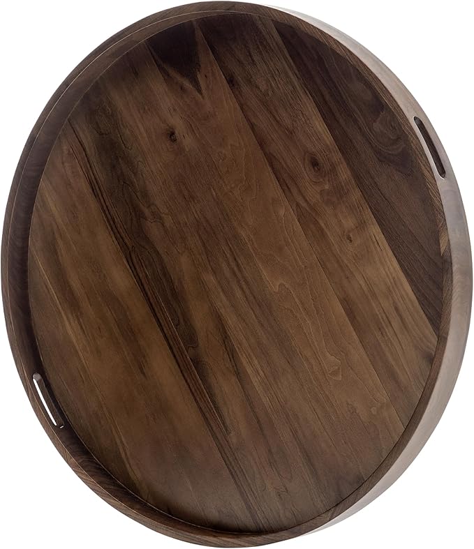 30 x 30 inches King Sized Round Ottoman Table Tray, Oversized Solid Wooden Black Walnut Decorative Serving Tray with Handles, Extra Large Circle Platter for Oversized Ottoman Bed