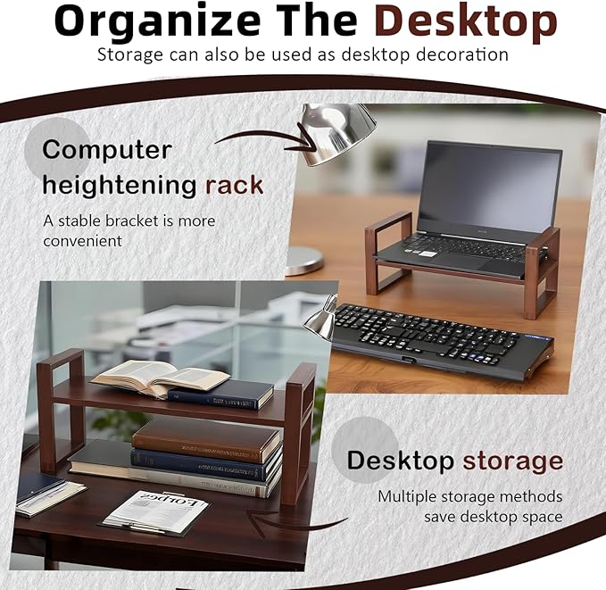 Upgraded Desktop & Off-Surface Shelves, No Tools Assembly Interlocking Joints for Enhanced Stability, Solid Pine Wood, 130lb Load Capacity for Office, Books, Bathroom Storage Walnut Colour