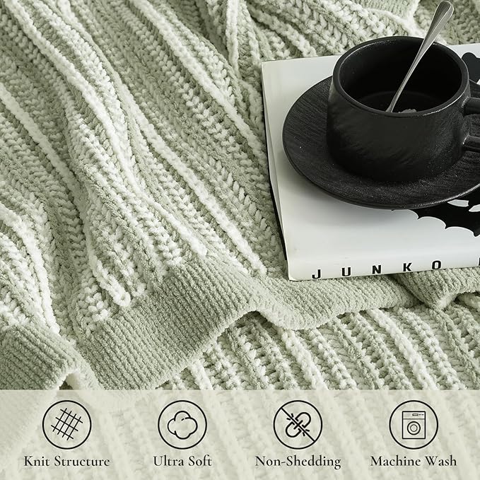 Amélie Home Striped Knit Throw Blanket for Couch, Dual-Sided Soft Chenille Decorative Blankets for Sofa & Chair, 50"x60", Sage Green & White