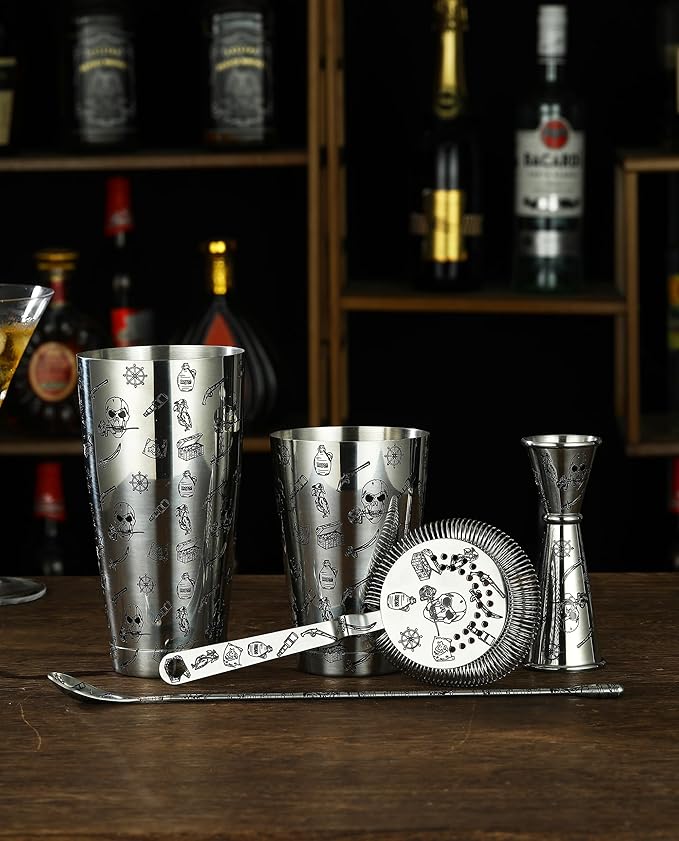 Cocktail Shaker Set - 5-Piece Bar Accessories Kit w/Weighted Boston Shaker, Strainer, Jigger, Mixing Spoon with Etched Skull Rose Pattern