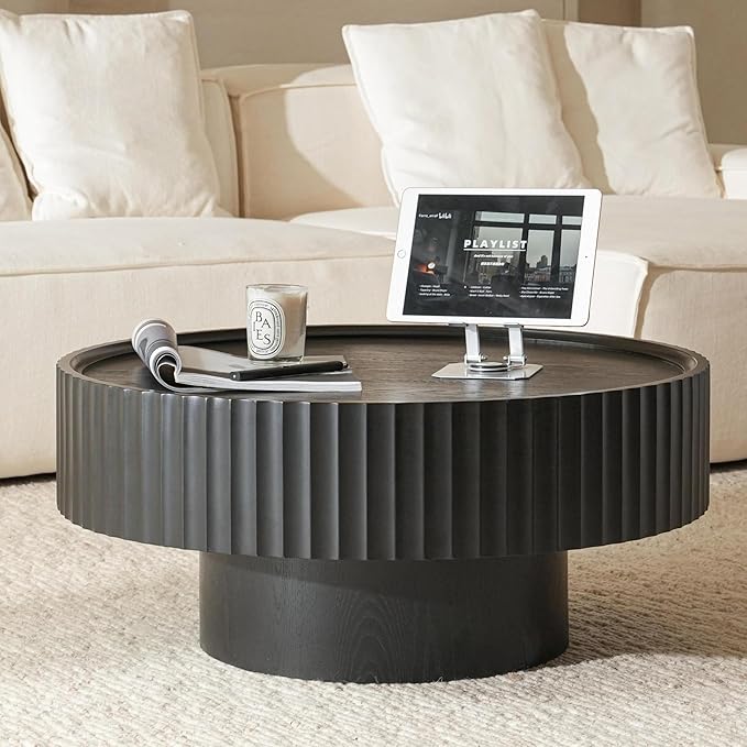 Round Coffee Table, Modern Living Room Tables with Mushroom Shape and Grooved Design, Large Coffee Tables, Circle Pinewood Center Table for Living Room, Apartment (Black, 31.8''L×13.7''H)