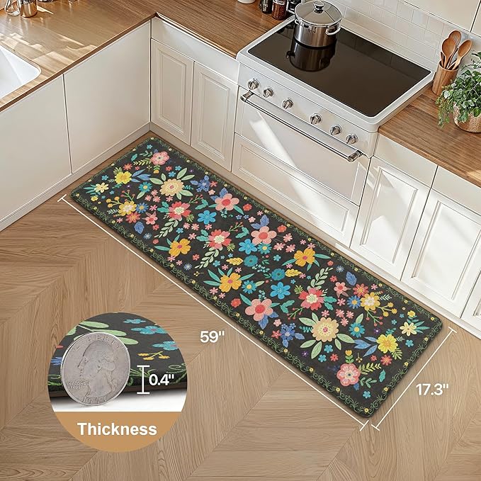 GENIMO Kitchen Mats for Floor, Cushioned Kitchen Rugs Non Slip Washable, Farmhouse Anti Fatigue Mat Waterproof, Comfort Standing Mat Rug for Office, Home, Sink, Laundry, Garage, 17.3"x59", Black