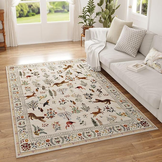 Rugcomf Area Rug 4x6 Rug Washable Boho Rugs Non Slip Low Pile Floral Animal Small Carpet for Bedroom, Bedside, Kids Room, Office, Dining Room (Beige)