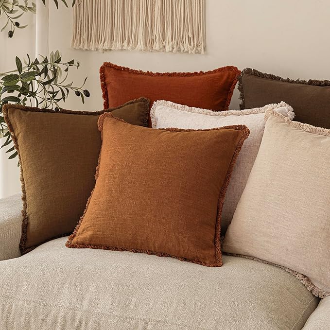 Foindtower Set of 2 Decorative Linen Fringe Throw Pillow Covers Cozy Boho Farmhouse Cushion Cover with Tassels Soft Accent Pillowcase for Couch Sofa Bed Living Room Home Decor, 20×20 Inch, Orange