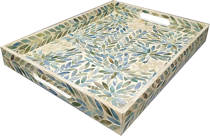 i-lan Creative Rectangular Mother of Pearl Severing Tray Lacquer Wooden Decorative Tray Handmade Shell Serving Tray with Handles and 2 Inch Side, Large Beige Blue Inlay Nacre Ottoman Tray (15.75")