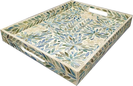 i-lan Creative Rectangular Mother of Pearl Severing Tray Lacquer Wooden Decorative Tray Handmade Shell Serving Tray with Handles and 2 Inch Side, Large Beige Blue Inlay Nacre Ottoman Tray (15.75")