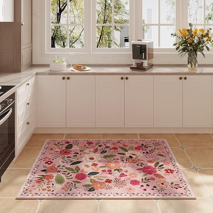 Rugcomf Door Mat Indoor Entrance 2x3 Rug Machine Washable Boho Floral Small Area Rug Non-Slip Low Pile Throw Rugs for Entryway, Kitchen, Front Door Indoor Entrance, Entry, Kids Room (Pink)