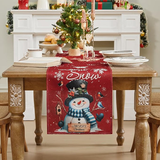 Christmas Table Runner - Red Snowman Snowflake Winter Holiday Decorative Farmhouse Table Decorations for Kitchen Dinning, Indoor Outdoor Dinner Party Decor 13x72 Inch