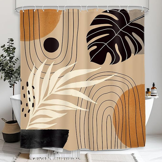 Glawry Boho Yellow Black Shower Curtain Mid Century Abstract Bohemian Tropical Palm Leaf Plant Botanical Bathroom Simple Minimalist 60Wx72L Inches Bath Accessories Art Home Decor Fabric 12 Pack Hook