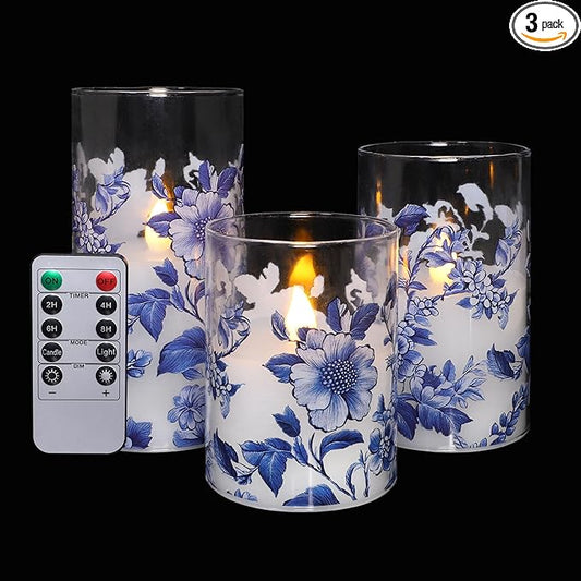Flameless Candles Glass with Remote Control & Timer Function, Blue and White Porcelain Theme Design, Home Party Wedding Christmas Summer Decor, Set of 3