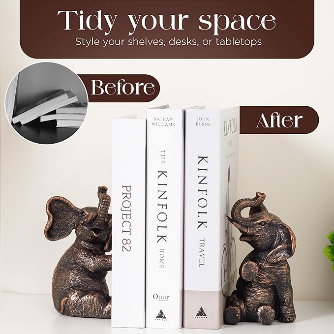 Decorative Vintage Elephant Bookends with Non-Slip Padding for Shelves to Hold Books - Heavy Duty Resin Book Holders for Bookshelf Decor, Home, Office, Living Room – 4” L x 4” W x 7”H
