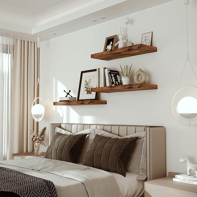 Vivelove Bathroom Floating Shelves for Wall 24 inchs Long, 9.1” Deep x 1.6” Thick Wall Shelves for Bedroom, Living Room, Kitchen, Office, Rustic Farmhouse Shelf Decor with Invisible Bracket, Set of 2