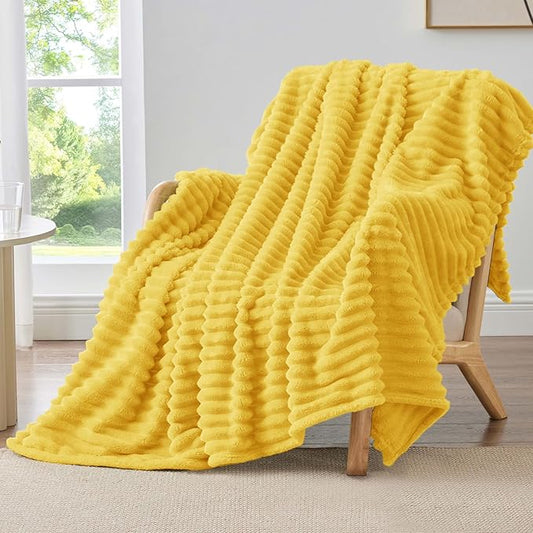 BEDELITE Twin Blanket for Couch & Bed, 300GSM Soft & Warm Fleece Blanket, Decorative and Giftable Striped Light Yellow Blankets for Women, Men, 60"x80"
