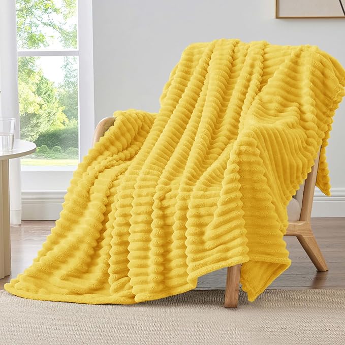 BEDELITE Fleece Throw Blanket for Couch - 300GSM Soft & Warm Fluffy Yellow Blanket, Decorative and Giftable Striped Blankets for Women, Men, 50"x60"