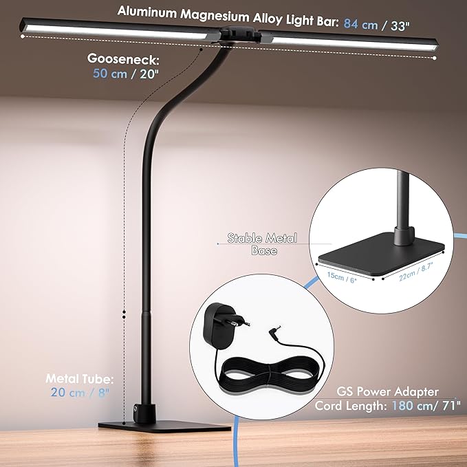 Desk Lamp with Metal Base, 31.5" LED Desk Lamp for Home Office, 24W Double Head Desk Light, Dimmable & Color Temperature, Table Lamp with Remote Control, Brightest Computer Monitor Light