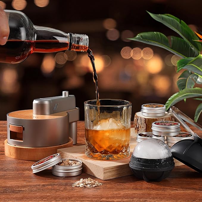 Premium Whiskey Smoker Kit with Torch, 6 Flavors Wood Chips, 2 Glasses, 2 Ice Ball Molds, Old Fashioned Drink Cocktail Smoker Kit, Birthday Bourbon Gifts for Men, Dad, Husband, Sliver Grey (NO Butane)