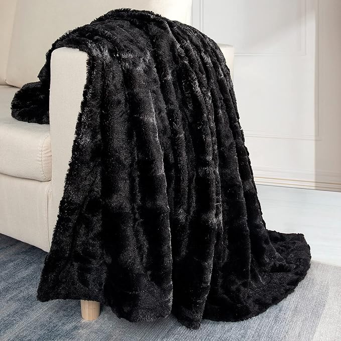 TOONOW Faux Fur Luxury Throw Blanket,Double Side Soft Fluffy Shaggy Fuzzy Blanket for Couch Sofa Bed (Black, Throw)
