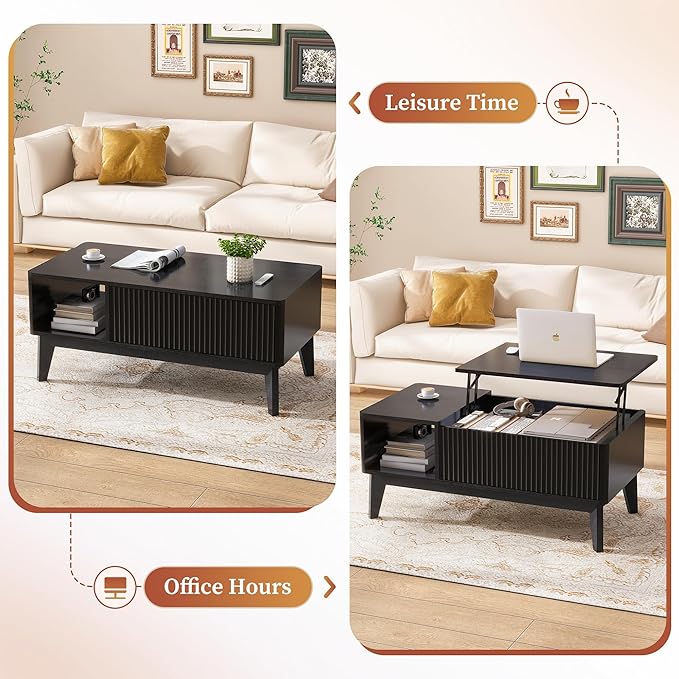 LYNCOHOME Fluted Coffee Table with Hidden Compartment, Wood Lift Top Coffee Tables, Modern Center Table for Living Room, Home Office, Black
