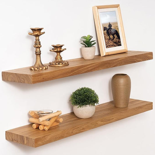 Marsmiles 30 inch Floating Shelves for Wall Solid Elm Wood Shelves|Rustic Wall Shelves with Invisible Heavy-Duty Bracket for Bathroom Living Room Kitchen|Natural, 2 Pack