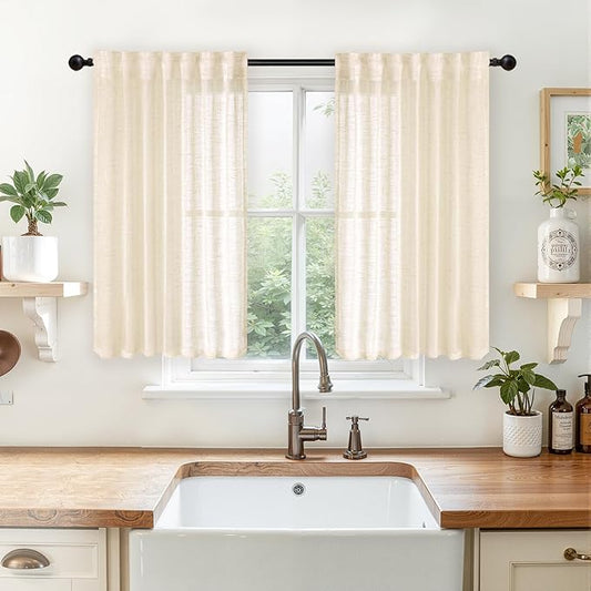 YoungsTex Champagne Linen Semi Sheer Curtains 40 Inches Long 2 Panels, Short Length Drapes Light Filtering Textured Rustic with Rod Pocket Back Tab for Cafe Bathroom Window, 42 X 40 Inch