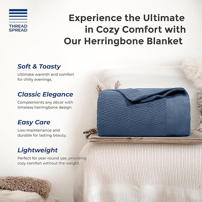 THREAD SPREAD Organic GOTS Certified Cotton Blanket, Twin/Twin XL - 350 GSM, Antistatic, Fuzzy Soft, Lightweight, Sofa, Camping & Travel, All-Season Herringbone Throw, Medium Blue + Bonus Tote Bag