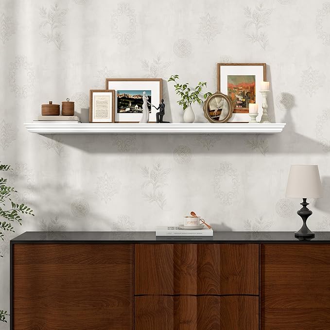 Axeman 48 Inch Floating Shelves for Wall, 9.3" Deep Crown Molding Wood Display Shelf with Heavy Duty Invisible Brackets for Living Room, Bedroom, Bathroom, Kitchen Decor & Storage, Set of 1, White