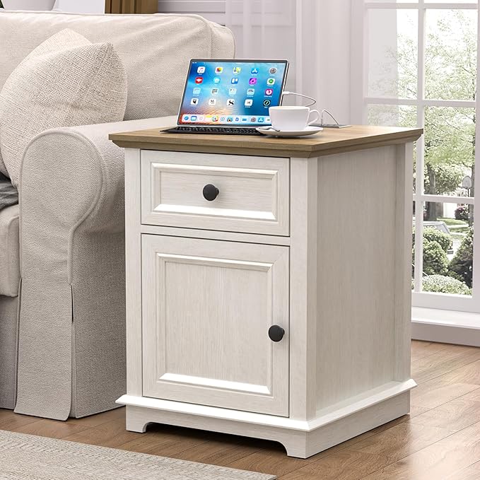 End Table with Charging Station, Fast Charge, End Table with Drawer, Big Storage Side Table for Living Room/Bedroom, White