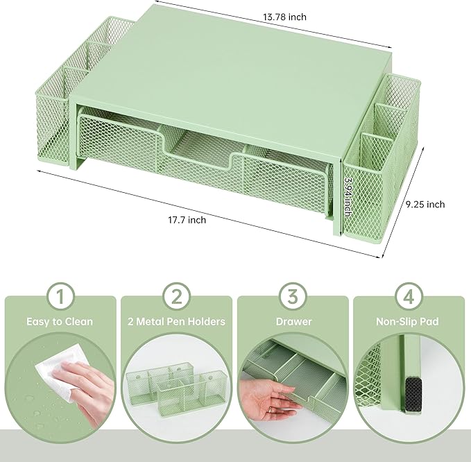 Computer Monitor Stand Riser with Drawer and Pen Holders, Desk Organizer Shelf and Accessories, Office Desk Accessories, Office Organization, Green