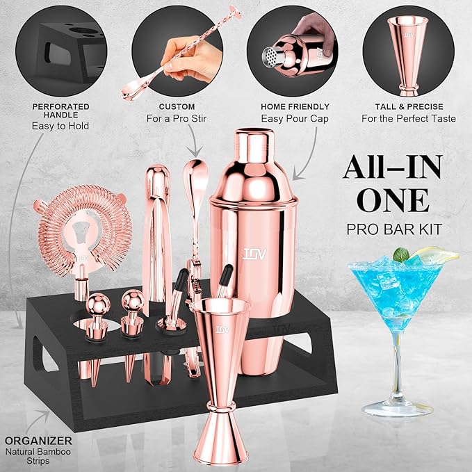 IOV Mixology Bartender Kit with Stand | 12-Piece Cocktail Shaker Set | 24oz Martini Shaker Set for Drink Mixing | Bar Set Includes All Bar Tools and Recipe Booklet | Fun Housewarming Gift (Rose Gold)